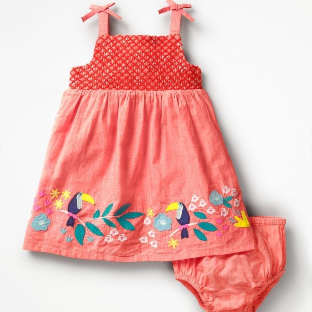 Boden ~ Coral Baby Sundress with Toucan Flower Motif~3 to 6 Month Size